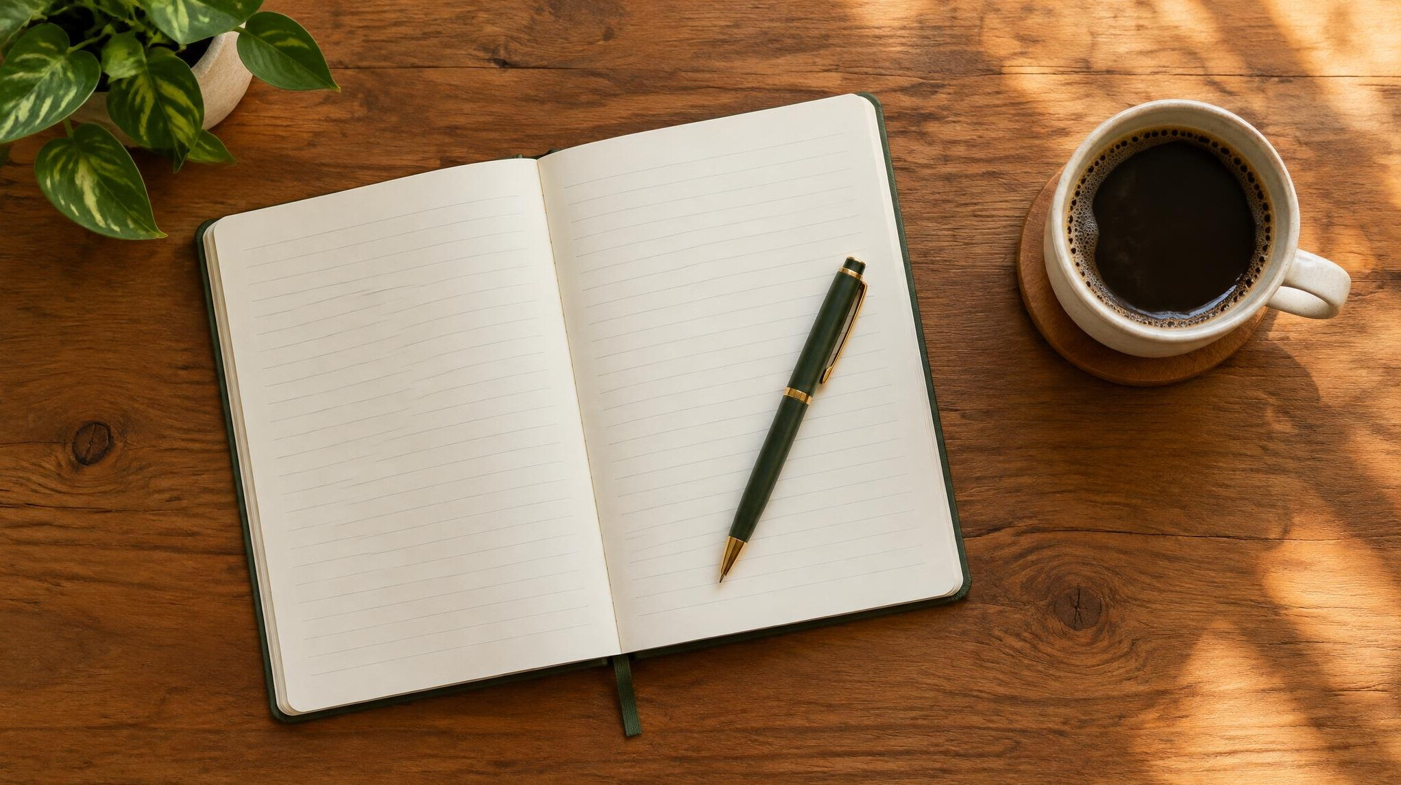 Notebook with pen and coffee on a table