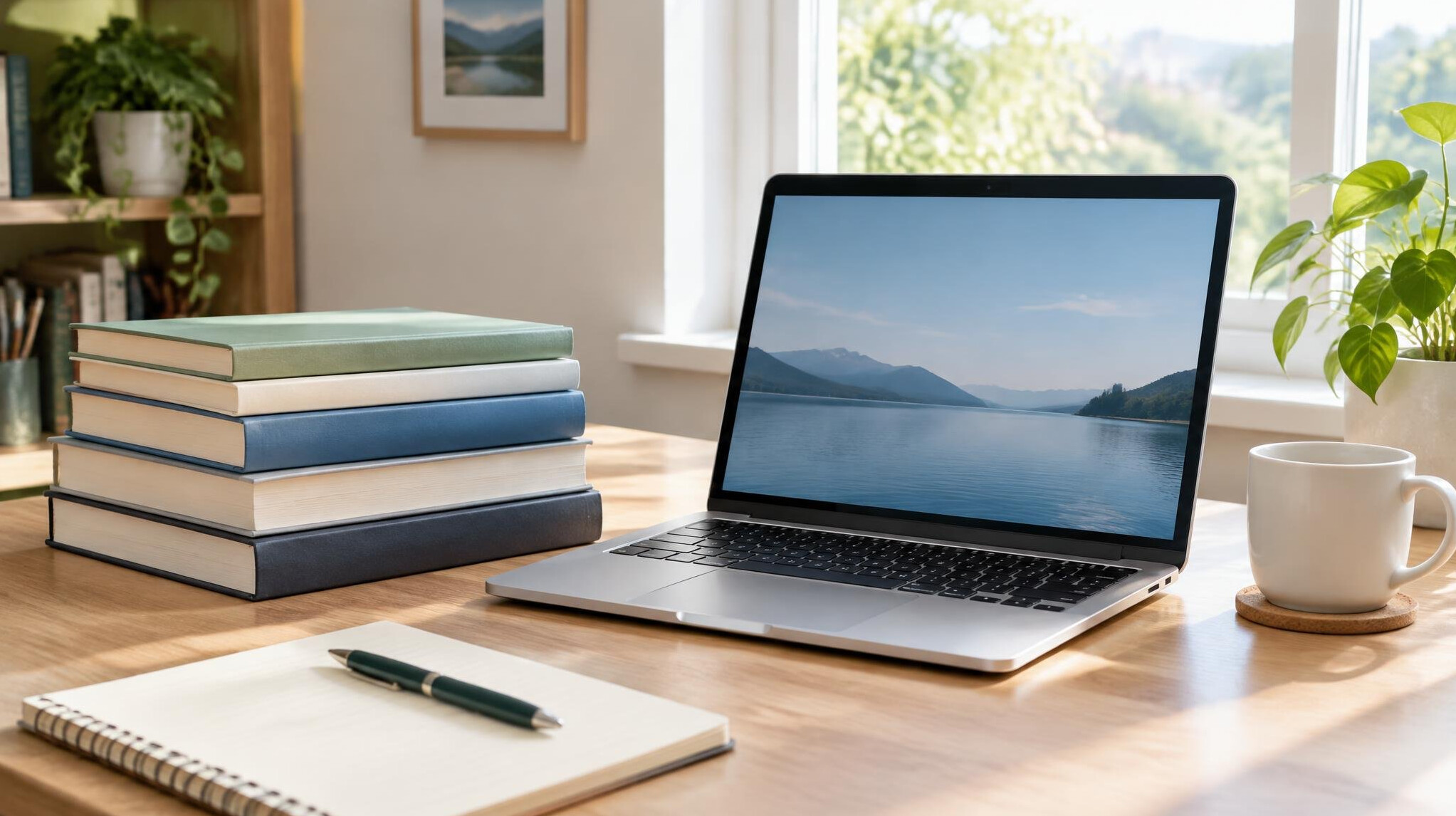 Stack of books and a laptop on a study desk