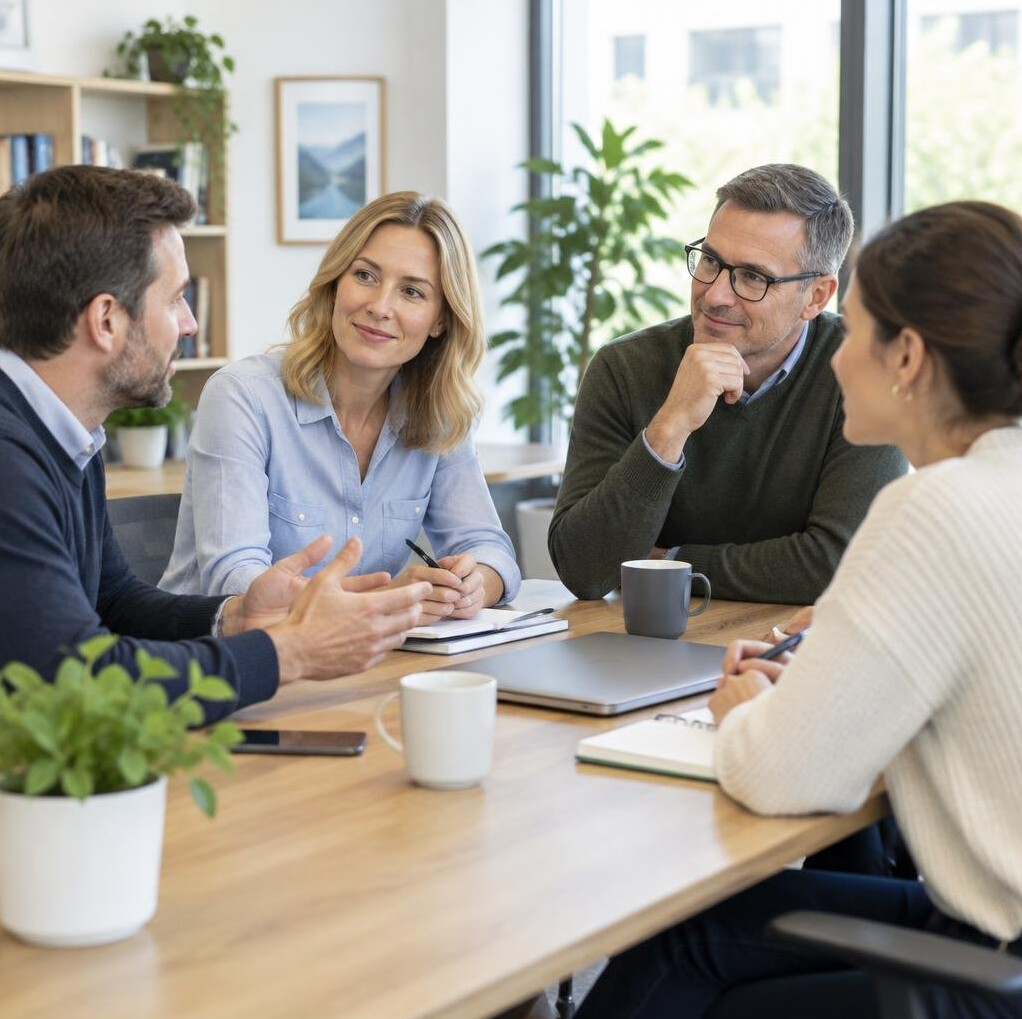 Group of colleagues discussing around a table