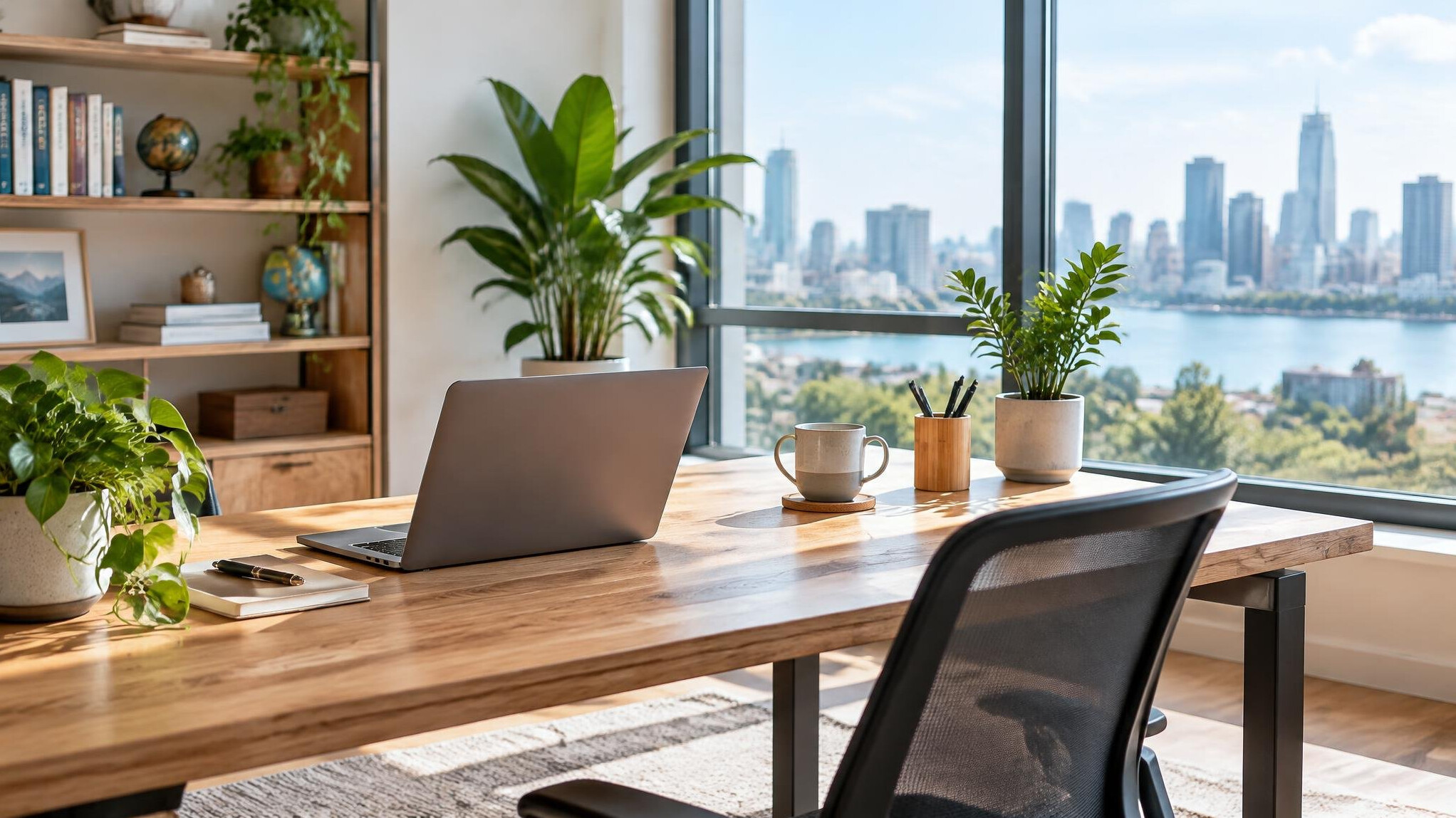 Bright modern office with desk and laptop
