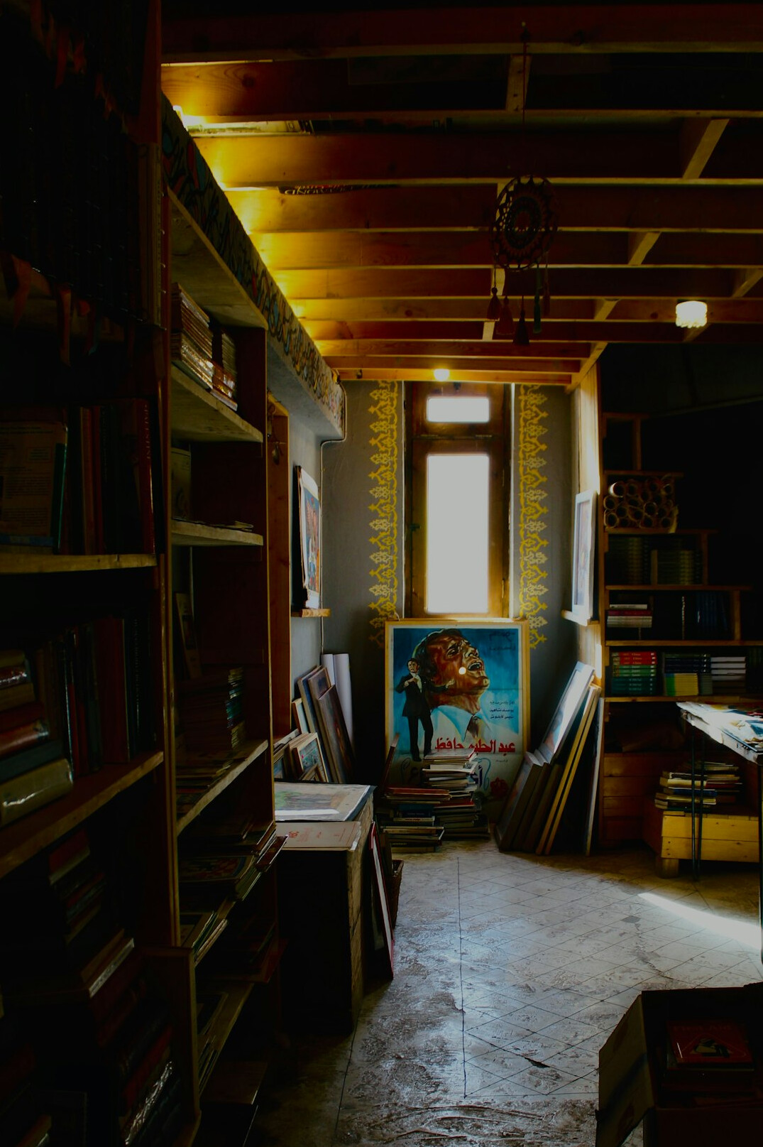 Quiet library with tall bookshelves
